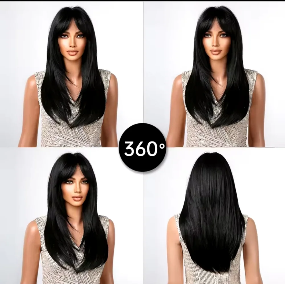 Dark Black Layered High-quality Synthetic Long Straight Wig - Picture 6 of 7